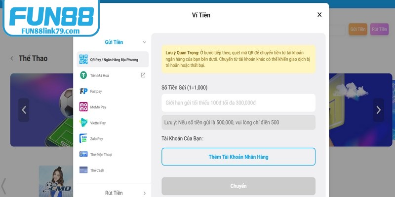 Chuyển vốn FUN88 thông qua ngân hàng nội địa nhanh gọn 